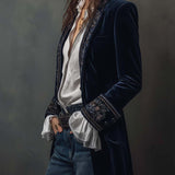 Octavia | Veste Longue Brodée Bleu Marine