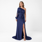 Robe Longue de Soirée Asymétrique à Manches Longues Fendue et Dos Nu pour Femmes