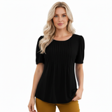T-shirt à Manches Courtes pour Femme avec Col Rond Évasé et Détails Plissés