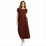 Robe maxi en coton et lin pour femmes, manches courtes, plissée, encolure ronde avec poches