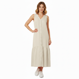 Robe midi pour femmes en coton et lin, sans manches, col en V, coupe évasée A avec poches