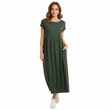Robe maxi en coton et lin pour femmes, manches courtes, plissée, encolure ronde avec poches