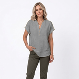 Chemisier en Coton et Lin à Col en V et Manches Courtes pour Femmes