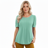 T-shirt à Manches Courtes pour Femme avec Col Rond Évasé et Détails Plissés