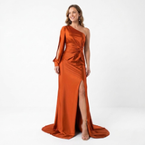 Robe Longue de Soirée Asymétrique à Manches Longues Fendue et Dos Nu pour Femmes