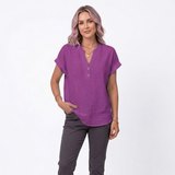 Chemisier en Coton et Lin à Col en V et Manches Courtes pour Femmes