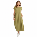 Robe maxi en coton et lin pour femmes, manches courtes, plissée, encolure ronde avec poches