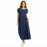 Robe maxi en coton et lin pour femmes, manches courtes, plissée, encolure ronde avec poches