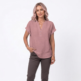 Chemisier en Coton et Lin à Col en V et Manches Courtes pour Femmes