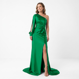 Robe Longue de Soirée Asymétrique à Manches Longues Fendue et Dos Nu pour Femmes