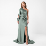 Robe Longue de Soirée Asymétrique à Manches Longues Fendue et Dos Nu pour Femmes