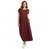 Robe maxi en coton et lin pour femmes, manches courtes, plissée, encolure ronde avec poches