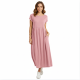 Robe maxi en coton et lin pour femmes, manches courtes, plissée, encolure ronde avec poches
