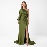 Robe Longue de Soirée Asymétrique à Manches Longues Fendue et Dos Nu pour Femmes