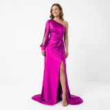 Robe Longue de Soirée Asymétrique à Manches Longues Fendue et Dos Nu pour Femmes