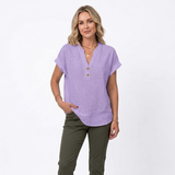 Chemisier en Coton et Lin à Col en V et Manches Courtes pour Femmes