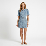 Robe Courte en Jean à Manches Bouffantes avec Ceinture et Boutons pour Femme