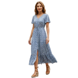 Robe Longue en Coton Fleurie à Col V avec Boutons Frontaux pour Femmes