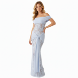 Robe Longue de Soirée à Épaules Dénudées en Dentelle avec Taille Drapée