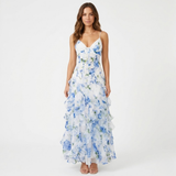 Robe Longue Fleurie à Volants avec Bustier Corset et Fines Bretelles