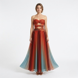 Robe Longue Évasée à Épaules Dénudées avec Détails Ajourés et Imprimé Dégradé