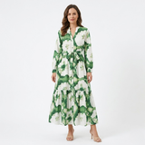 Robe Longue Fluide à Imprimé Floral avec Col en V et Manches Longues Bouffantes