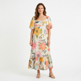 Robe Longue à Imprimé Floral avec Encolure Carrée et Manches Bouffantes pour Femme