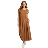 Robe maxi en coton et lin pour femmes, manches courtes, plissée, encolure ronde avec poches