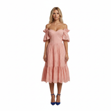 Robe Mi-Longue en Coton Sangallo à Épaules Dénudées avec Col en Cœur