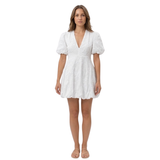 Robe Courte Brodée avec Col en V et Manches Bouffantes