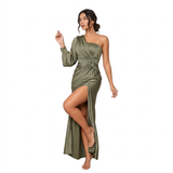 Robe Longue Satinée à Épaule Dénudée avec Nœud Drapé et Fente Latérale
