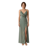 Robe Longue de Soirée en Satin avec Fente Latérale et Col en V pour Femmes