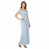 Robe Longue de Soirée en Dentelle à Épaules Dénudées avec Nœud à la Taille