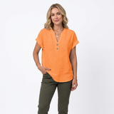 Chemisier en Coton et Lin à Col en V et Manches Courtes pour Femmes