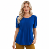 T-shirt à Manches Courtes pour Femme avec Col Rond Évasé et Détails Plissés