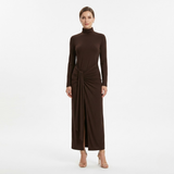 Robe Longue Moulante à Col Montant avec Fronces et Fente Latérale