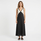 Robe Longue Satinée sans Manches avec Col en V et Design Contrasté