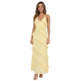 Robe Longue à Volants avec Col en V et Bretelles Spaghetti en Polyester