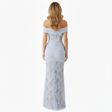 Robe Longue de Soirée à Épaules Dénudées en Dentelle avec Taille Drapée