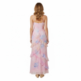 Robe Longue Fleurie à Volants avec Col en V et Fines Bretelles