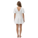 Robe Courte Brodée avec Col en V et Manches Bouffantes