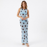 Robe Longue à Pois sans Manches avec Col Rond et Coupe Ajustée pour Femmes