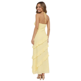 Robe Longue à Volants avec Col en V et Bretelles Spaghetti en Polyester