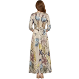 Robe Longue Fleurie à Col en V avec Manches Longues et Coupe Fluide