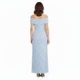 Robe Longue de Soirée en Dentelle à Épaules Dénudées avec Nœud à la Taille