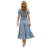 Robe Longue en Coton Fleurie à Col V avec Boutons Frontaux pour Femmes