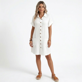 Robe Courte en Coton et Lin avec Col en V et Manches Trois-Quarts pour Femmes