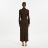 Robe Longue Moulante à Col Montant avec Fronces et Fente Latérale