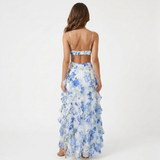 Robe Longue Fleurie à Volants avec Bustier Corset et Fines Bretelles