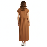 Robe maxi en coton et lin pour femmes, manches courtes, plissée, encolure ronde avec poches
